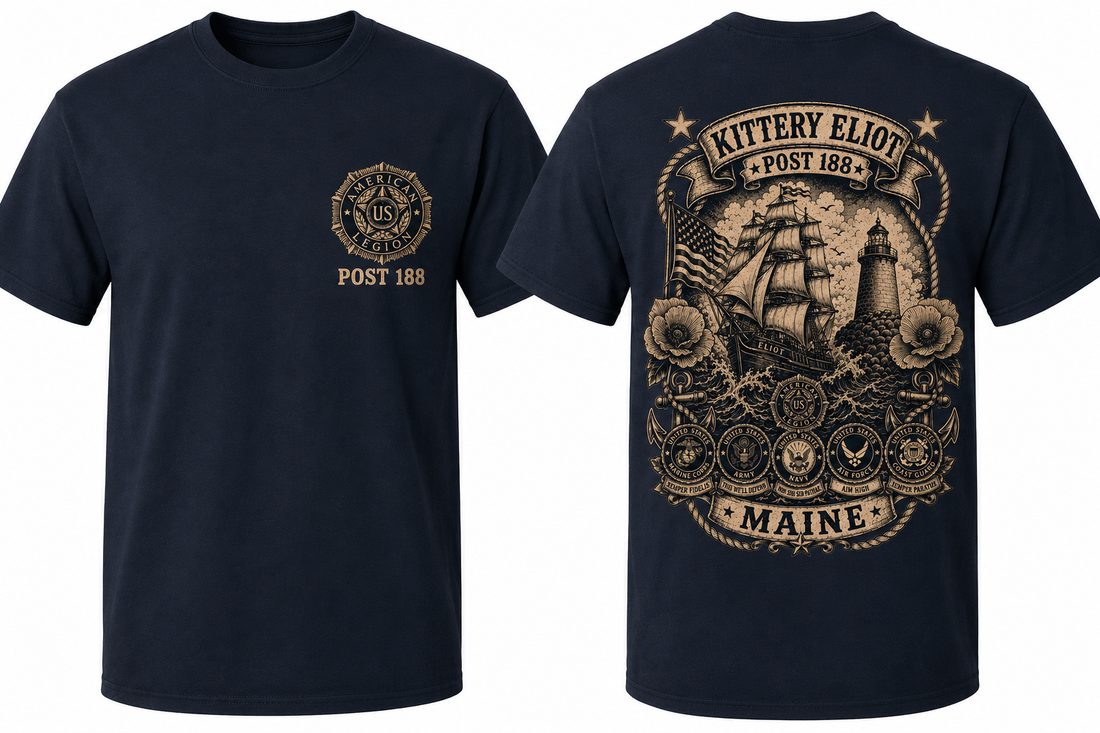 T-shirt mockup, front and back, poppy Whaleback design